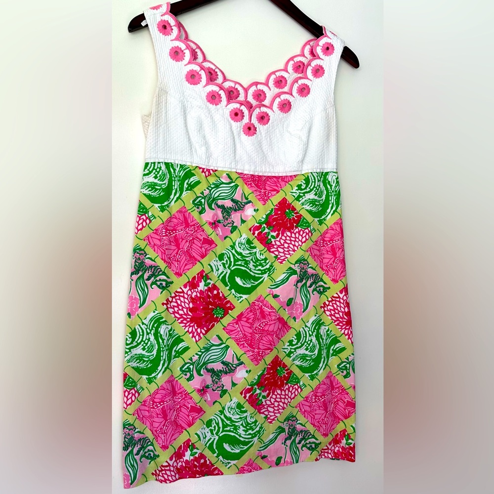 Lilly Pulitzer Jubilee Shift Dress White Pink Green Floral Pockets Size 4